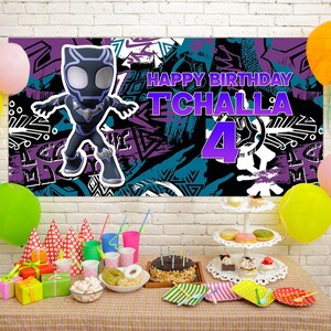 May include: A birthday party scene with a banner reading "Happy Birthday T'Challa 4". The banner features a Black Panther character. Colourful balloons, gifts, and a cake are on a table.