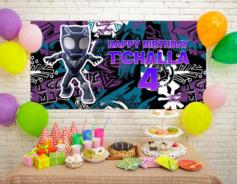 May include: A birthday party scene with a banner reading "Happy Birthday T'Challa 4". The banner features a Black Panther character. Colourful balloons, gifts, and a cake are on a table.