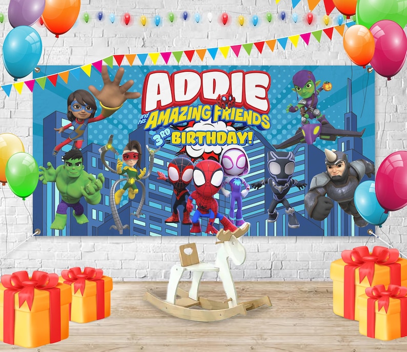 May include: A birthday banner featuring the name "Addie" and the phrase "Amazing Friends 3rd Birthday!" with superhero characters. Colorful balloons and gift boxes decorate the scene. A white rocking horse is in the foreground.