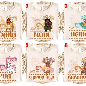 May include: Six off-white t-shirts featuring Moana characters: Moana, Maui, Heihei, Pua, Gramma Tala, and Kakamora. Each shirt displays the character name, the year 2016, palm trees, and a geometric pattern in a warm, muted color palette.