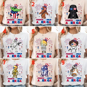 May include: Collection of nine Fourth of July themed t-shirts. Each shirt features a different Star Wars character or Yoda, wearing patriotic accessories. The text "FOURTH OF JULY AMERICA" is printed at the bottom of each shirt.
