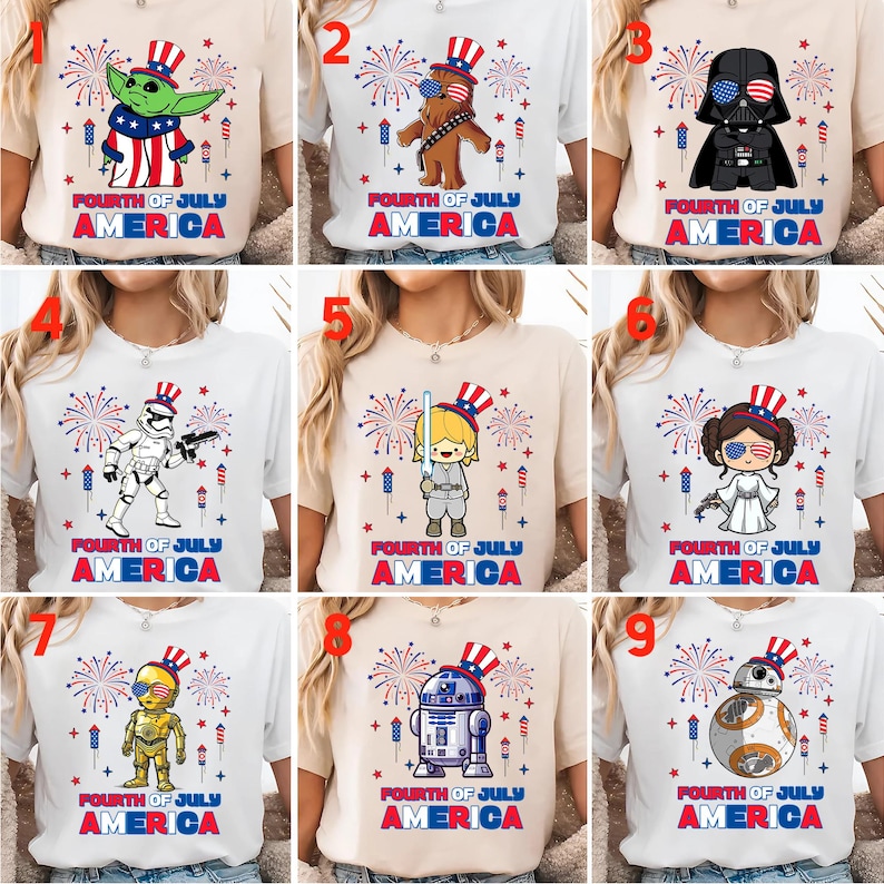 May include: Collection of nine Fourth of July themed t-shirts. Each shirt features a different Star Wars character or Yoda, wearing patriotic accessories. The text "FOURTH OF JULY AMERICA" is printed at the bottom of each shirt.