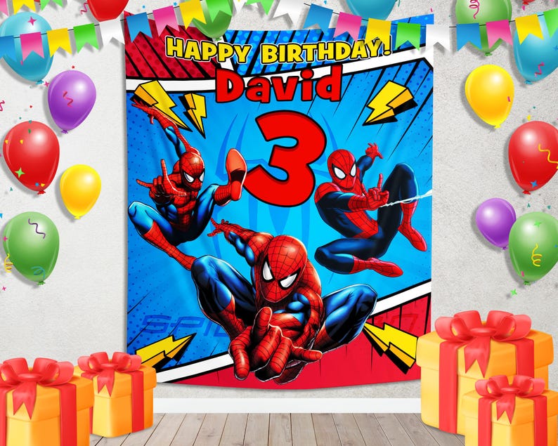 Puede incluir: Una pancarta de cumplea&ntilde;os con Spider-Man y el texto "HAPPY BIRTHDAY! David 3". La pancarta es azul con detalles en rojo y amarillo, y est&aacute; rodeada de globos y cajas de regalo coloridos.