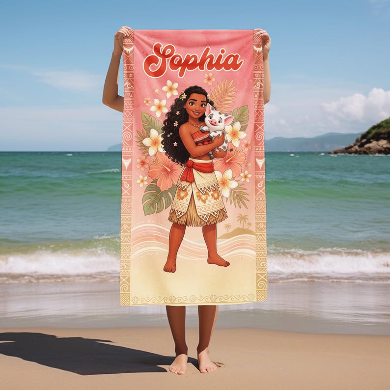 Personalized Moana Beach Towel, Custom Name Moana Towel, Kids Beach Towel, Hawaiian Princess Pool Towel, Birthday Gift AYET19 image 1