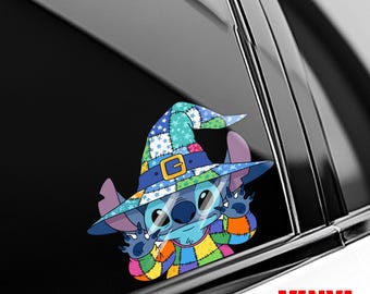 Stitch Halloween Peeker Sticker, Blue Alien Character Sticker, Trendy Blue Denim Spooky Season, Pumpkin Spice Halloween Sticker SLZS01