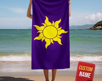Toalla de playa con diseño de Enredados y Sol, toalla inspirada en Rapunzel, toalla con símbolo de princesa y sol, toalla de playa para niños, regalo de verano para la piscina, toalla personalizada con nombre OFZY05