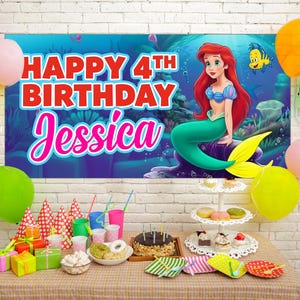 May include: A birthday party scene with a banner reading "HAPPY 4TH BIRTHDAY Jessica" featuring a mermaid illustration. Balloons in various colours and a table with gifts, cake, and treats complete the festive setting.