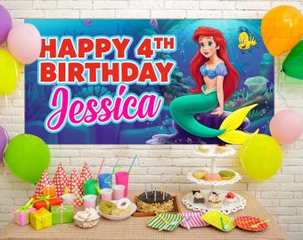 Ariel Birthday Party, Mermaid Birthday Banner, Mermaid banner, Under the sea Decoration, Mermaid Backdrop, mermaid Party Decor KCM228