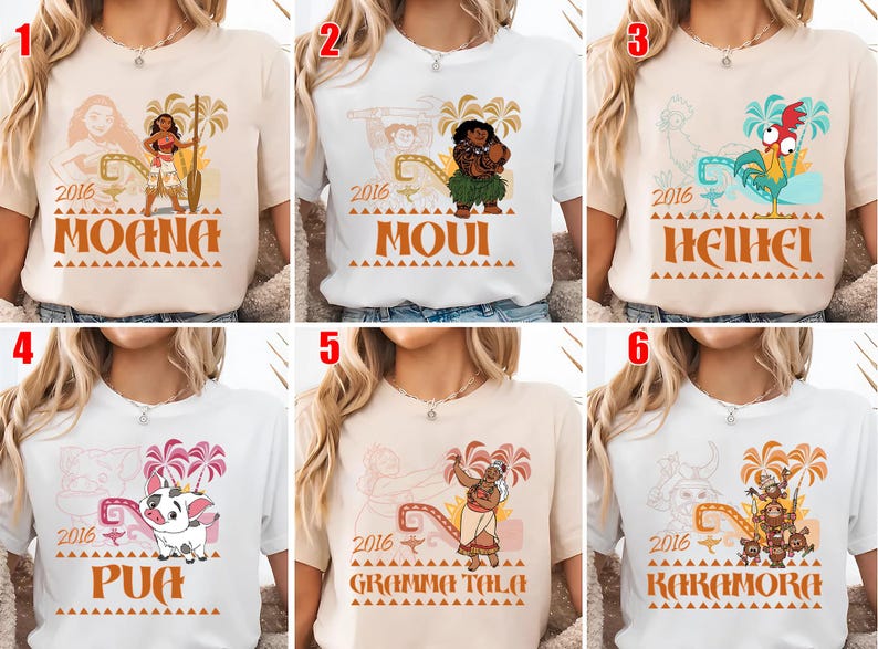 May include: A collection of six short-sleeved t-shirts in white and beige, each featuring a graphic print of a character from the 2016 film Moana, including Moana, Maui, Heihei, Pua, Gramma Tala, and Kakamora, with the year 2016 and character names.