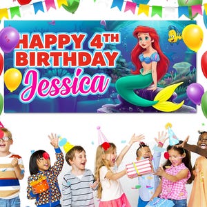 May include: A birthday banner with the text "Happy 4th Birthday Jessica" and a cartoon mermaid. The banner is surrounded by balloons and children celebrating a birthday party.