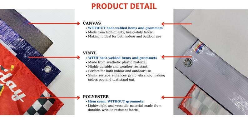 May include: Image detailing product materials: canvas, vinyl, and polyester. Canvas lacks hems and grommets, made from heavy-duty fabric. Vinyl features heat-welded hems and grommets, is durable, and weather-resistant. Polyester is hem-sewn, lightweight, and wrinkle-resistant.