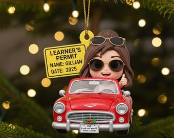 Adorno navideño personalizado para permiso de aprendizaje de conducir (hombre o mujer) / Adorno para permiso de aprendizaje / Adorno para nuevo conductor / Adorno para licencia de conducir OLIN378