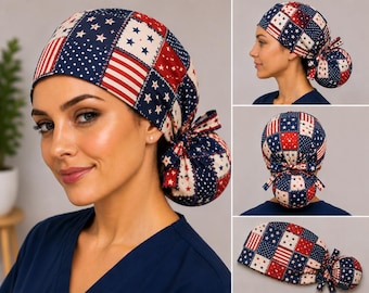 Patriotic Patchwork Bouffant Scrub Cap, USA Flag Nurse Surgical Cap, Fourth of July Ponytail Scrub Hat for Women ARD-HFZ12