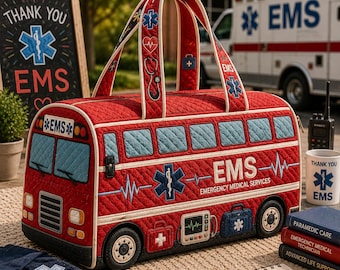 EMS Bus Quilted Weekender Bag, Paramedic Travel Duffel, EMT Appreciation Gift, Emergency Medical Tote Bag OQBREN034