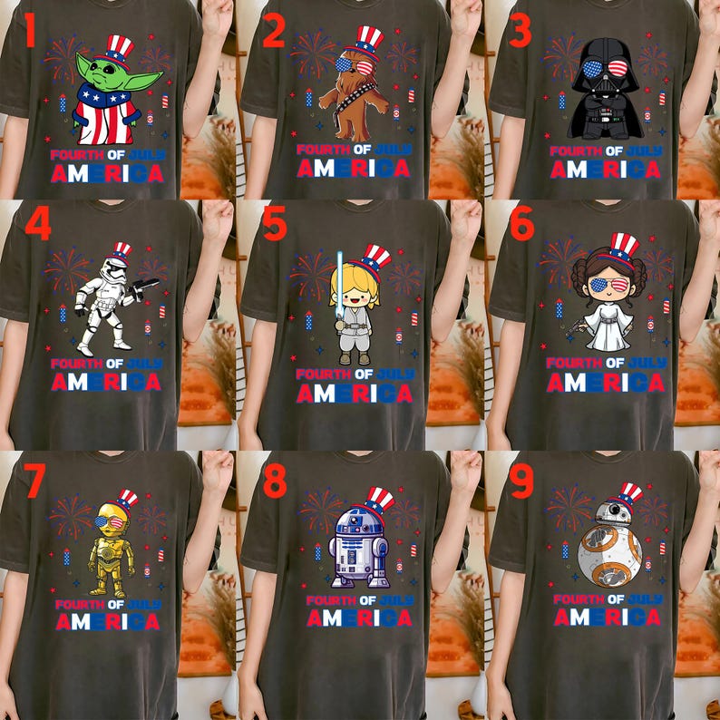 May include: A collection of dark gray t-shirts featuring various Star Wars characters and Baby Yoda, each adorned with patriotic Fourth of July designs. The shirts display the text "FOURTH OF JULY AMERICA" in red, white, and blue.