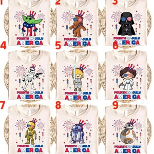 May include: Nine cream-colored t-shirts with Fourth of July designs. Each shirt features a different Star Wars character or a character resembling a Star Wars character, wearing a patriotic hat and surrounded by fireworks. The word "AMERICA" is printed on each shirt.