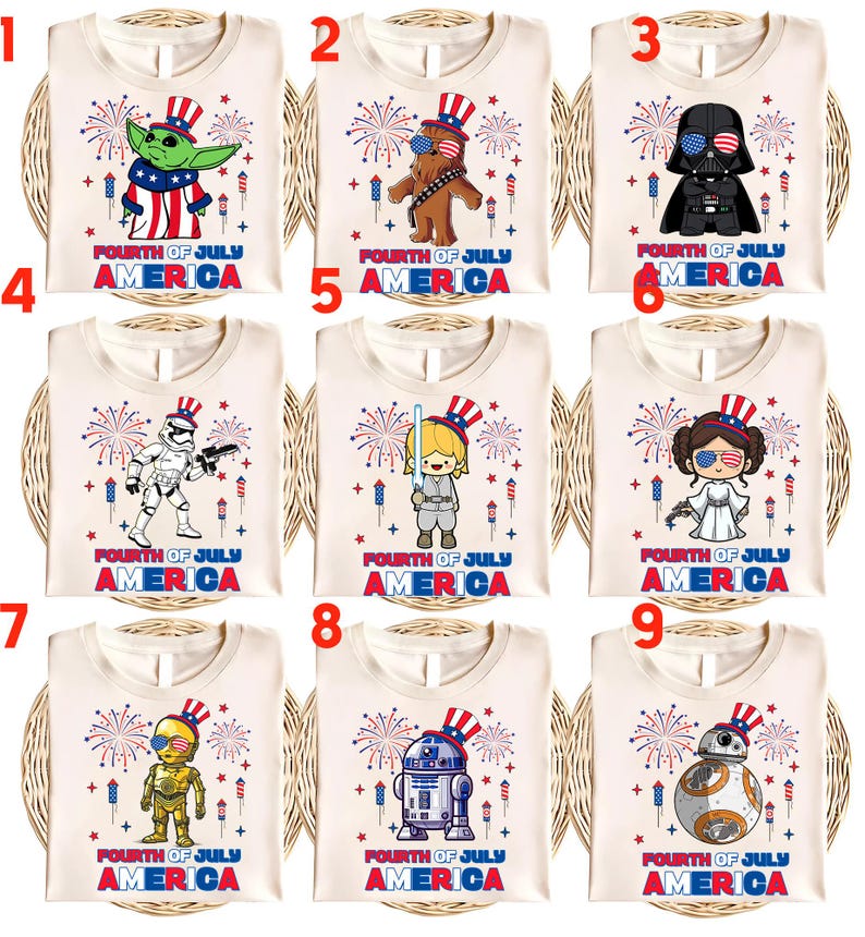 May include: Nine cream-colored t-shirts with Fourth of July designs. Each shirt features a different Star Wars character or a character resembling a Star Wars character, wearing a patriotic hat and surrounded by fireworks. The word "AMERICA" is printed on each shirt.