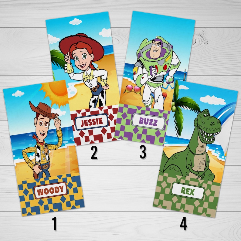 May include: Four rectangular cards featuring Toy Story characters on a beach background. Card 1 shows Woody with a blue checkered pattern. Card 2 shows Jessie with a red diamond pattern. Card 3 shows Buzz Lightyear with a purple checkered pattern. Card 4 shows Rex with a green checkered pattern.