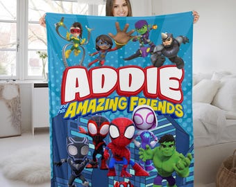 Personalized Spidey And His Amazing Friends Blanket, Amazing Friends Fleece Blanket, Spiderman Birthday Blanket, Spiderman Blanket KDMN05