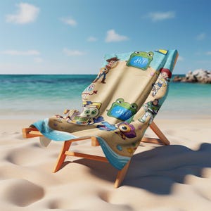 May include: A beach chair with a colorful beach towel featuring Toy Story characters. The towel has a sand-colored background with images of Woody, Buzz Lightyear, and other characters. The chair is made of wood and is set on a sandy beach with the ocean in the background.