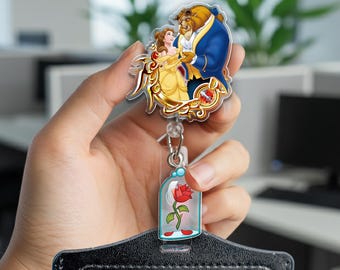 Beauty and the Beast Badge Reel – Disney Princess ID Holder | Belle Rose Badge Clip | Cute Fairytale Work Gift for Nurse & Teacher OHZE05