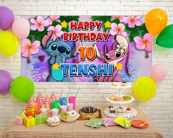 Stitch and Angel Backdrop, Birthday Banner, birthday decoration, Photo backdrop KCKE27