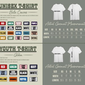 May include: A product image showcasing unisex and youth t-shirts with color options and size charts. The unisex shirts are Bella Canvas, and the youth shirts are Gildan. Color swatches include red, green, and navy. Measurements are in inches.