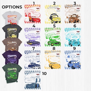Peut inclure: Une collection de dix mod&egrave;les de t-shirts repr&eacute;sentant des personnages du film Cars, dont Lightning McQueen, Luigi, Tow Mater, Ramone, Chick Hicks, Finn McMissile, Doc Hudson, Cruz Ramirez, Sally Carrera et Jackson Storm avec du texte.