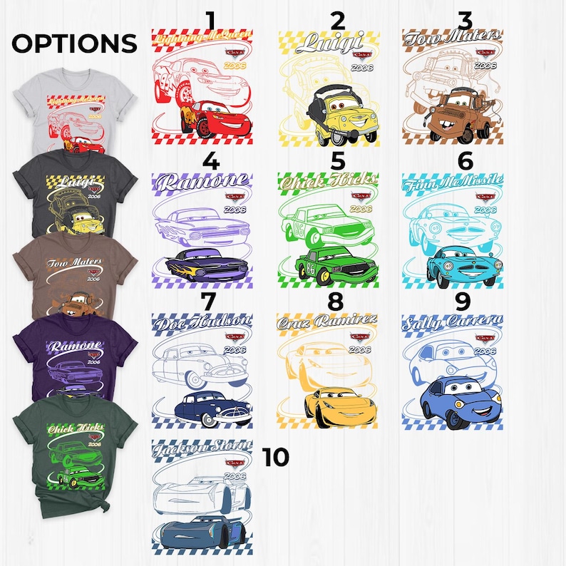 Peut inclure: Une collection de dix mod&egrave;les de t-shirts repr&eacute;sentant des personnages du film Cars, dont Lightning McQueen, Luigi, Tow Mater, Ramone, Chick Hicks, Finn McMissile, Doc Hudson, Cruz Ramirez, Sally Carrera et Jackson Storm avec du texte.