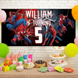 May include: A birthday party scene with a banner featuring Spider-Man characters and the text "WILLIAM IS TURNING 5". Colourful balloons, party supplies, and a cake are on a table.