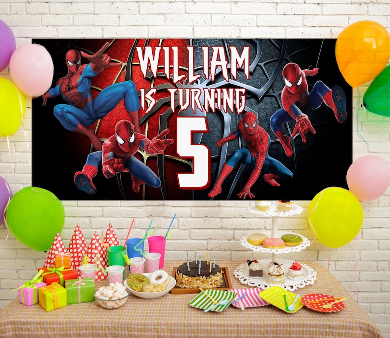May include: A birthday party scene with a banner featuring Spider-Man characters and the text "WILLIAM IS TURNING 5". Colourful balloons, party supplies, and a cake are on a table.