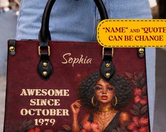 Bolso de mano de cuero personalizado para mujer negra, bolso con nombre personalizado, bolso tote de cuero Afro Girl, bolso para chica negra, bolso Black Queen, regalo para ella.