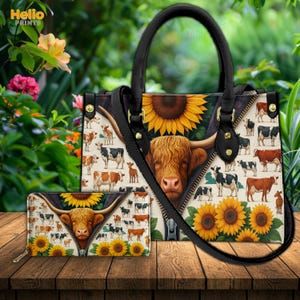 Cow Leather Handbag with Sunflowers, Highland Cow Purse and Wallet, Gift for Her