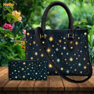 Celestial Starry Sky Leather Handbag, Starry Moon & Sun Gold Print Tote for Mystical Style Lovers, Cosmic Starry Design Bag, Gift For Her