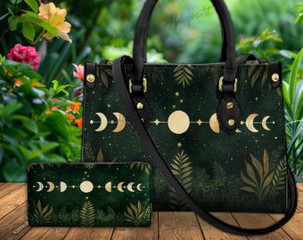 Mondphase Umhängetasche, Celestial Forestcore Lederhandtasche, Mond Geldbörsen, Halloween Tasche, Geschenk für Sie