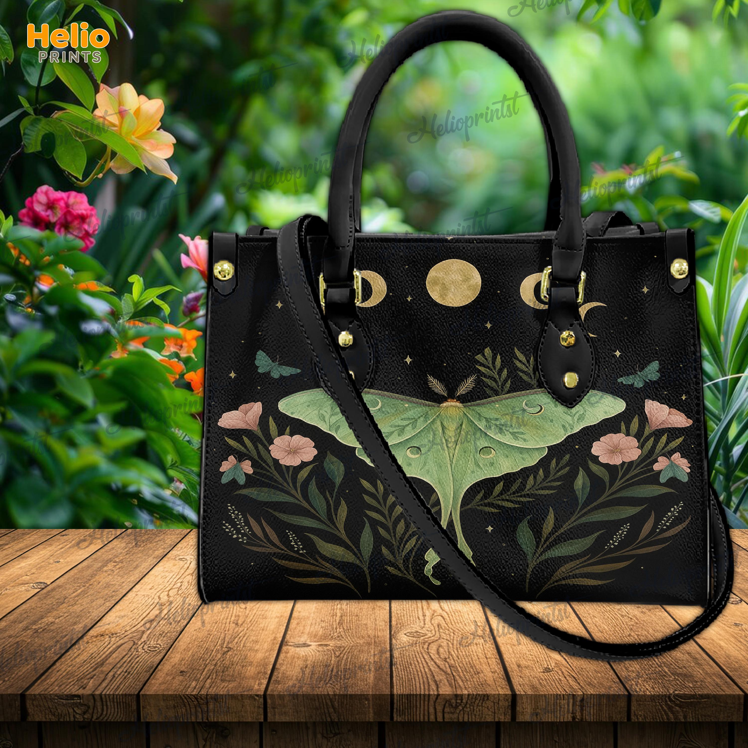 Discover Luna Moth Leather Handbag with Moon Phase Design