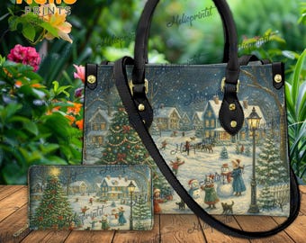 Christmas Village Leather Handbag, Christmas Purse, Christmas Tree Snow Scene Purse, Christmas Handbag, Christmas Leather Bag,Christmas Gift