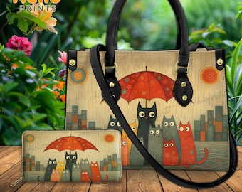 Cute Cats Under Umbrella Leather Handbag, Cat Purses, Cat Leather Handbag, Rainy Day Cat Purse, Custom Leather Purse, Gift For Her