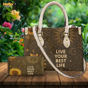 Sunflower & Celestial PU-Leder Handtasche und Brieftasche Set | "Inspirierendes Zitat ""Live Your Best Life""."