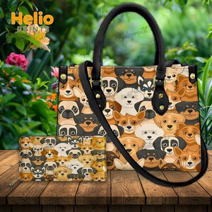 May include: A tote bag and matching wallet featuring a repeating pattern of various dog breeds in shades of brown, black, and white. The tote bag has black handles and a shoulder strap. The wallet has a zipper closure.