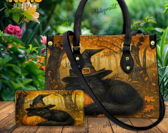 Halloween Black Cat Handbag, Witch Cat Pumkin Halloween Handbag, Halloween Leather Handbag, Halloween Purses,Halloween Purse, Halloween Gift