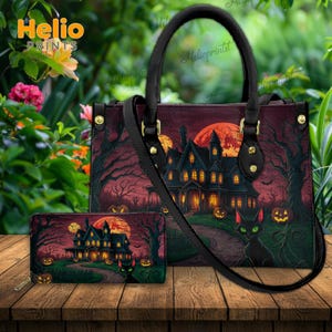 Haunted House Leahther Handbag, Halloween Pumpkin Purse, Spooky Witchy Shoulder Bag, Horror Halloween Purses, Halloween Gifts, Gift For Her