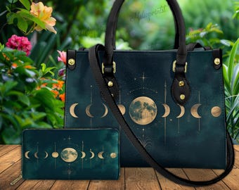 Himmlische Mondphasen Vegan Lederhandtasche: Dunkelgrüne Galaxie Geldbörse