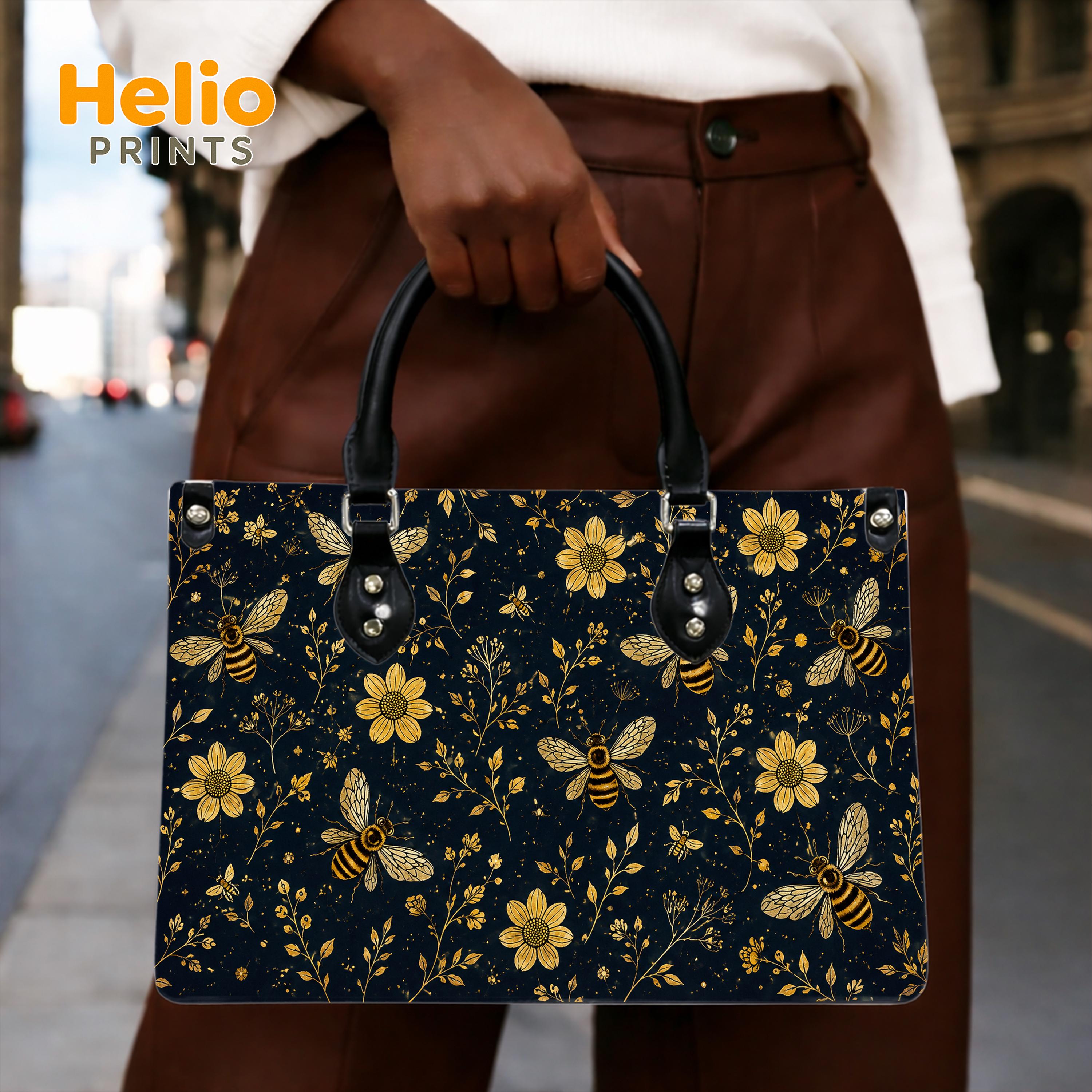 Bee Floral Leather Bag, Golden Bee Handbag, Cottagecore Purse, Dark ...