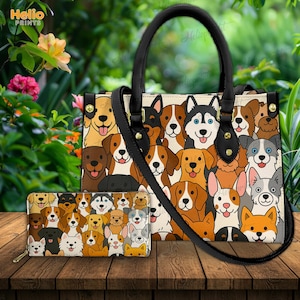 Cartoon Dog Print Handbag & Wallet Set | Cute Dog Lover Purse | Animal Pattern Tote Gift | Gift for Her |  Shopping Bag