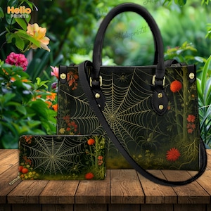 Golden Web Halloween Handbag, Spiderweb Leather Purses, Custom Halloween Bag, Halloween Purses, Halloween Gift, Gift For Her