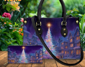 Christmas Tree Handbag, Christmas Village Leather Purse, Christmas Handbag, Christmas Bag, Christmas Gift, Christmas Gifts