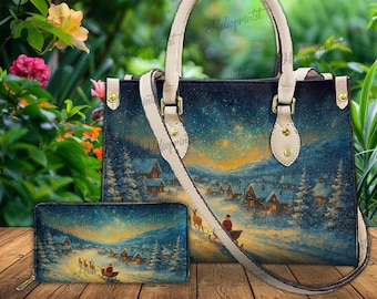 Christmas Village Faux Leather Handbag, Winter Snow Scene Purse, Christmas Handbag, Christmas Gift