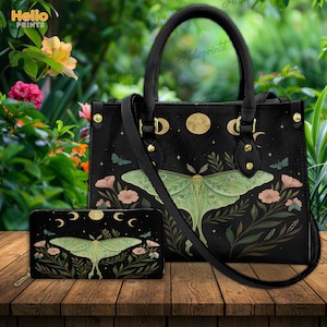 Luna Moth and Moon Phases Purse, Moon and Floral Magic Bag, Luna Moth HandBag, Custom Leather HandBag, Gift for Her