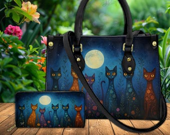 Moonlit Cat Vegan Leather Handbag, Whimsical Night Garden Purse, Cat Leather Handbag, Cat Purse, Custom Leather Purse, Gift For Her